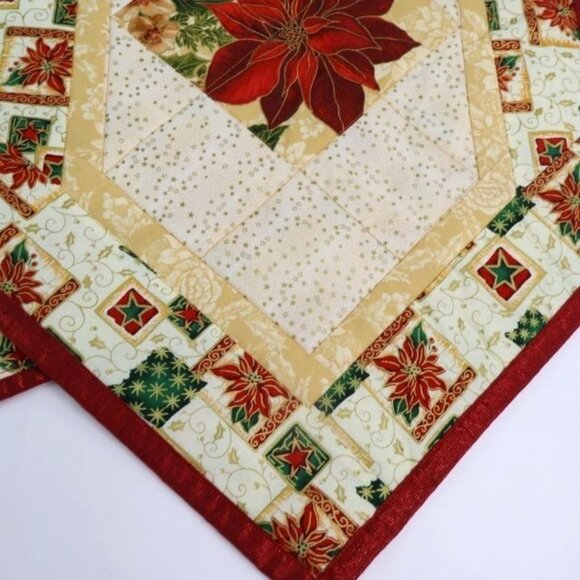 Christmas Table Runner Poinsettia Table Linen Sparkly Red Trim 51.5"x15.5" - Picture 2 of 6